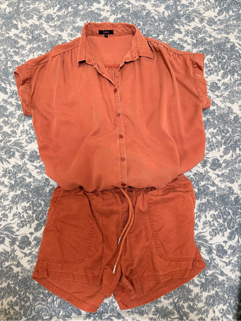 Quince Vintage Wash Tencel Camp Shirt and Shorts set Terracotta